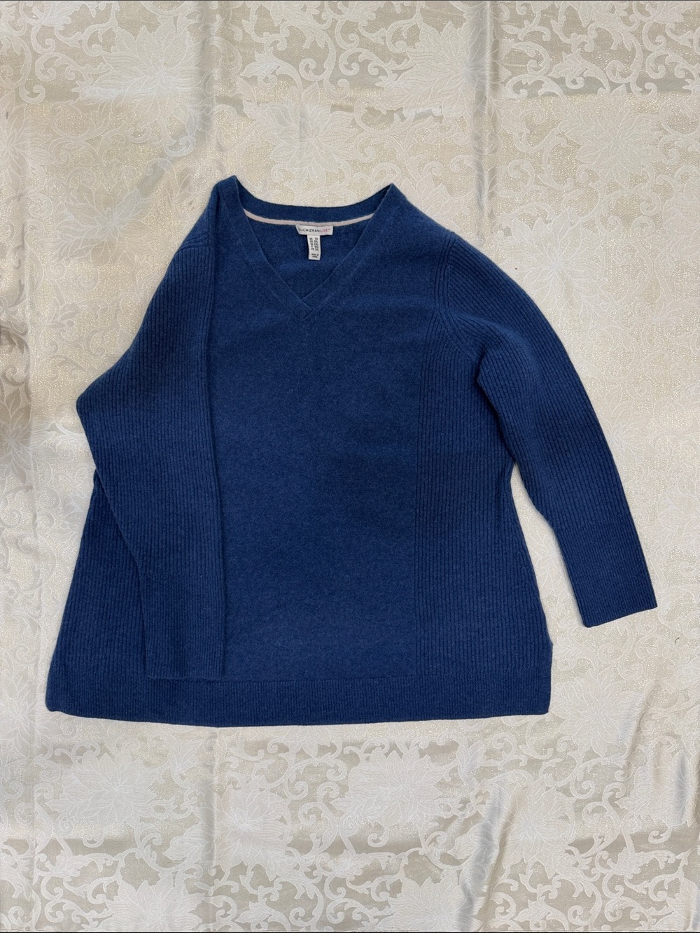Isaac Mizrahi Blue V-Neck Mixed Knit Tunic Sweater